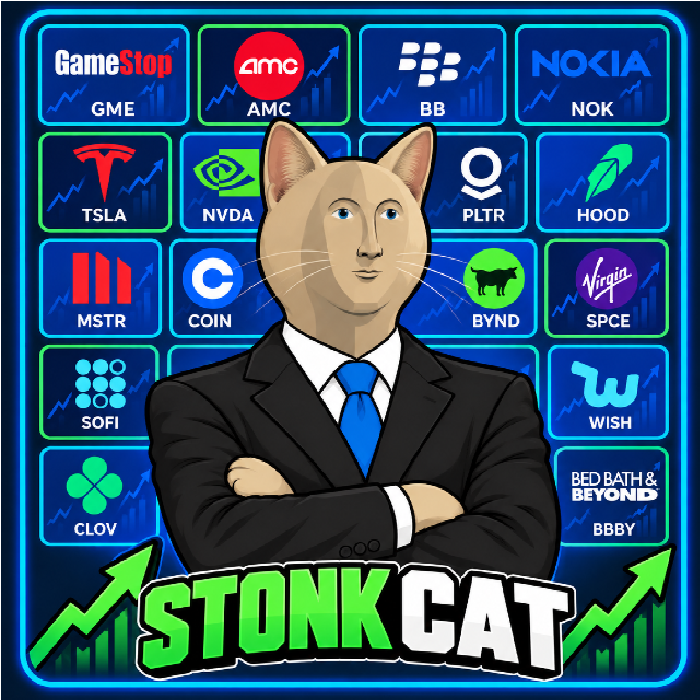 stonkcat, a tabby cat in a black suit and blue tie standing in front of a rising stock chart